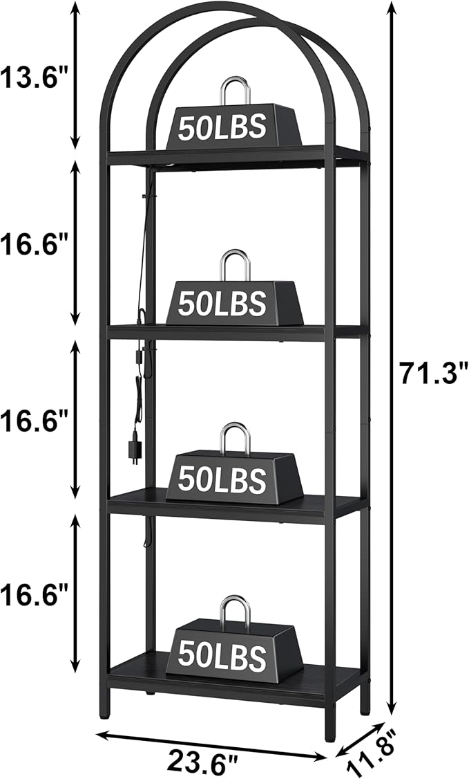 Yusong LED Bookshelf 4 Tier Arched Bookcase, 71.3" Tall Industrial Open Book Shelves for Living Room, Modern Freestanding Display Storage Rack with Metal Frame, Office, Bedroom, Black