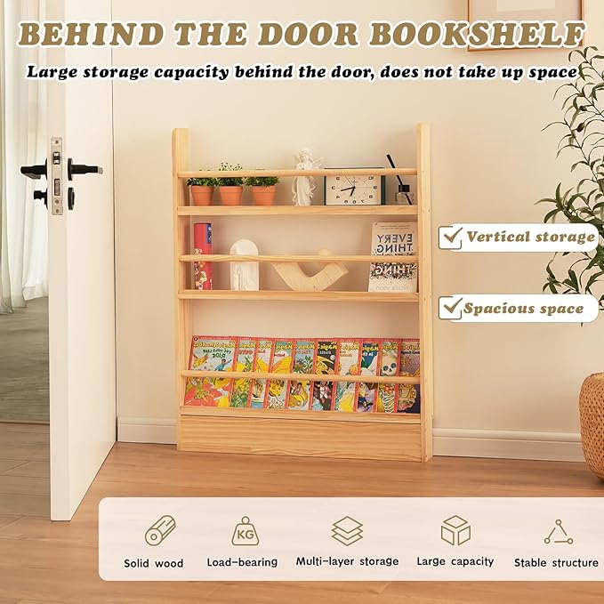 Baveke Kids Bookshelf, 3 Tier Shelves Behind The Door Book Shelf Storage, Children's Solid Wood Bookcase Space- Saving, Wall Mount Bookshelf for Bedroom, Living Room, Nursery（FSC-Certified Wood）