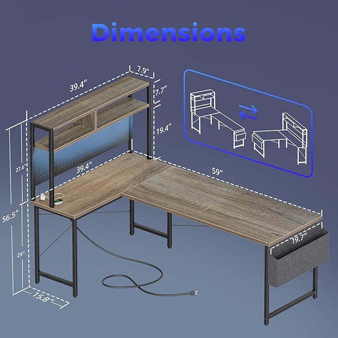 Mericonia 59 inch Large L Shaped Desk with Pegboard Hutch & Shelves, Corner Gaming Desk with Power Outlet, LED Light & Storage Bag, Reversible Computer Desk for Home, Bedroom, Office Workspace, Grey