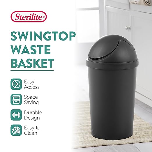 Sterilite 6 Pack SwingTop Wastebasket, Round Trash Can w/Swing Top Lid 3 Gallon, Black