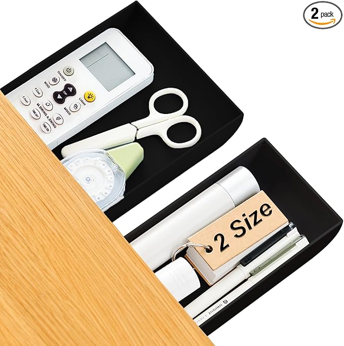 2 Packs Under Desk Drawers, Slide Out Drawer Attachment, Plastic Desk Accessories & Workspace Organizers, Self-Adhesive Hidden Desktop Pen Holder for Office School Home (Black)