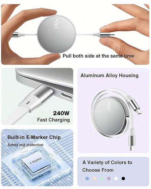240W USB C to USB C Cable, Retractable usb c Cable Fast Charger Lead,Short Type-C Car Charging Wire for MacBook Pro/Air,IPhone 17/16 Pro Max/15Plus/17e,iPad,Samsung Galaxy,Google Travelling Essentials