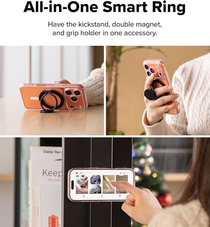 Ringke Dual Magnetic Smart Holder [Compatible with MagSafe] Phone Grip, Dual-Sided Powerful Magnet, Multi-Angle Hinge 3-Tier Foldable Kickstand for Gym, iPhone, Galaxy, Pixel - Black