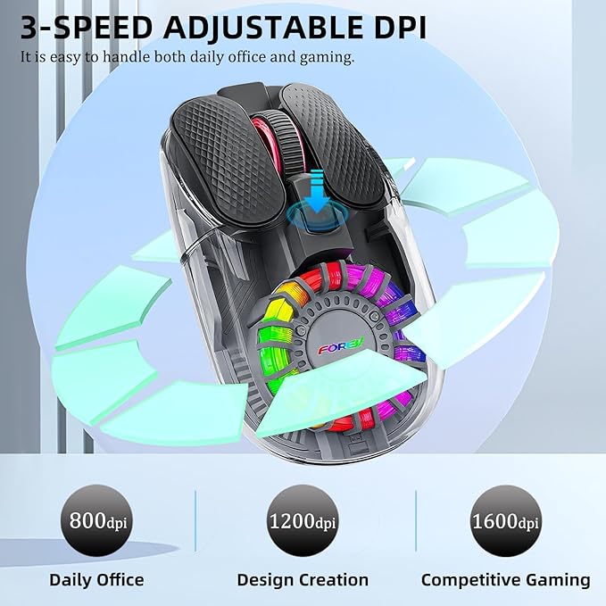 Wireless Bluetooth Mouse, Transparent BT+2.4G Dual-Mode Gaming Mouse with Magnetic Top Cover, Rechargeable RGB Backlit Computer Mouse for Laptop, PC, MacBook, iPad (Black)