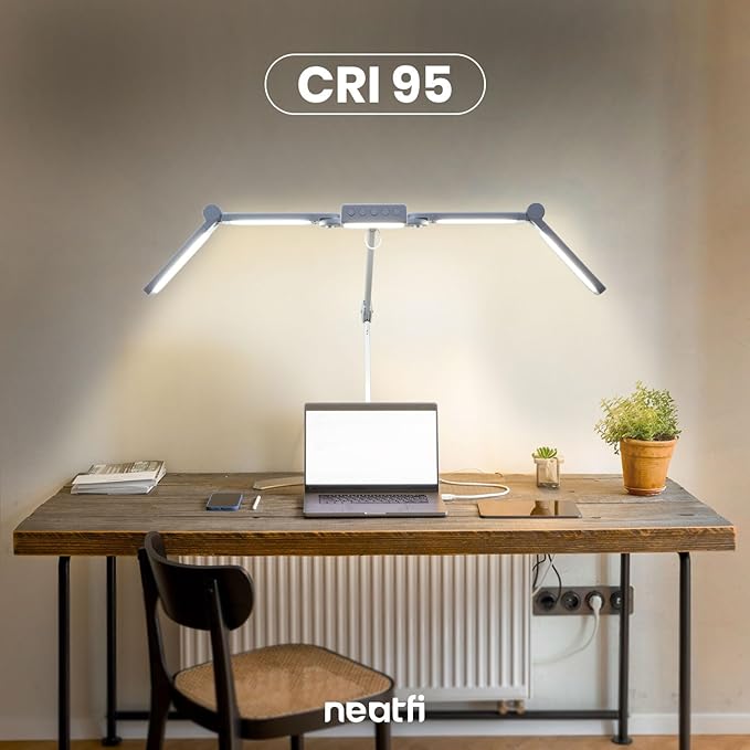 Neatfi 3,000 Lumens LED Desk Lamp, Dimmable, 360 SMD LEDs, 30W, CRI 95, Adjustable Light Modes, Task Lamp for Home Office, Study, Workstation (White, 44-Inch, CCT with Clamp)