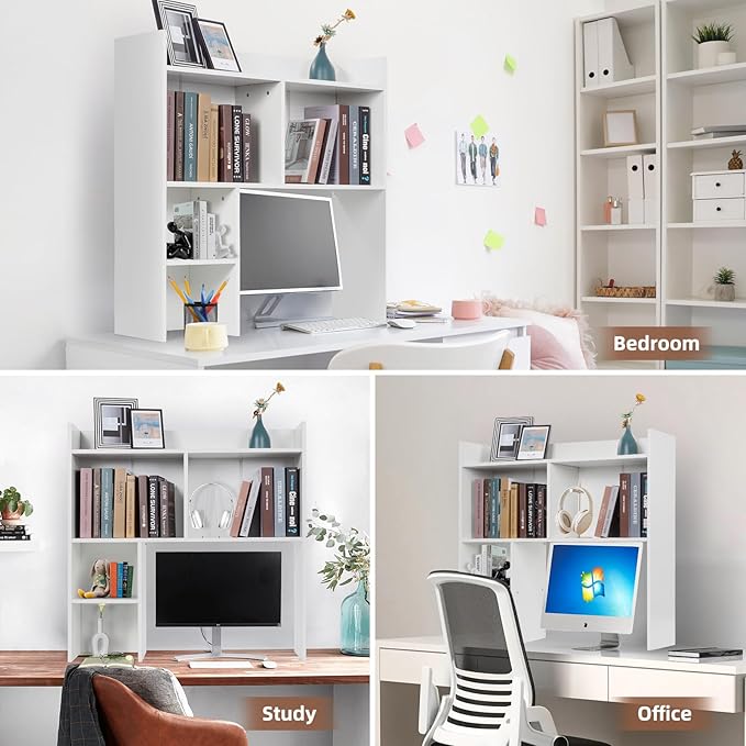 Desktop Bookshelf 36" Tall, White Desk Hutch for Computer Desk, 4-Tire Wood Desk Shelf Storage Organizer for Office Home