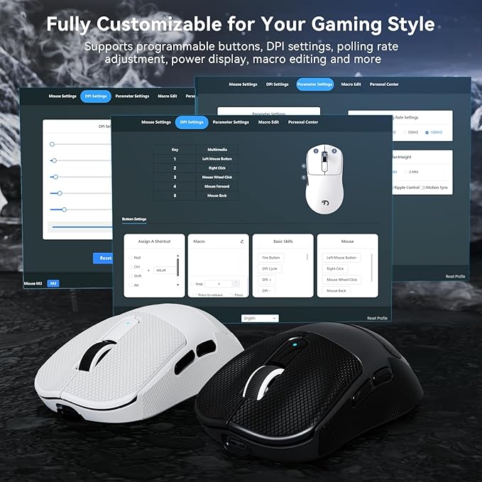 MAMBASNAKE M3 Wireless Gaming Mouse,40K DPI,39g Lightweight Gaming Mouse,PAW3395PRO Optical Sensor,Tri-Mode BT5.1/2.4G/USB-C PC Game Mice,Programmable Buttons,300mAh Battery for PC/Laptop/Mac-Griptape