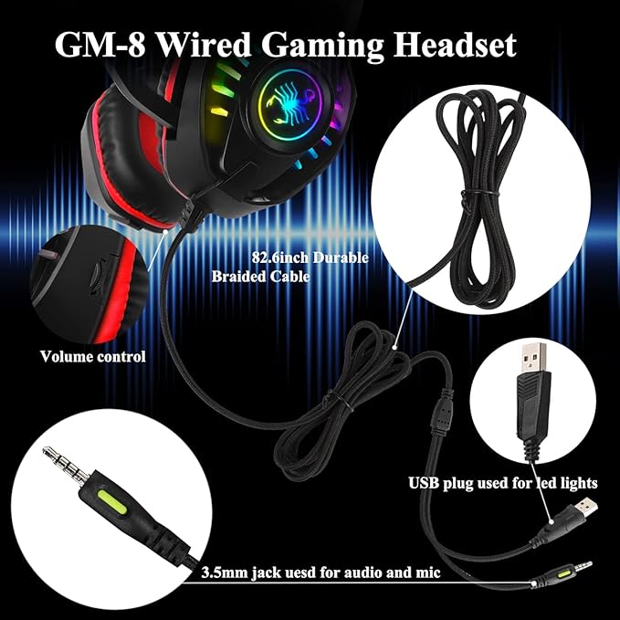 SVYHUOK Pro Gaming Headset for PC PS4 Xbox One Surround Sound Over-Ear Headphones with Mic LED Light Bass Surround Soft Memory Earmuffs for Computer Laptop Switch Games Kid’s Boy’s Teen’s Gifts
