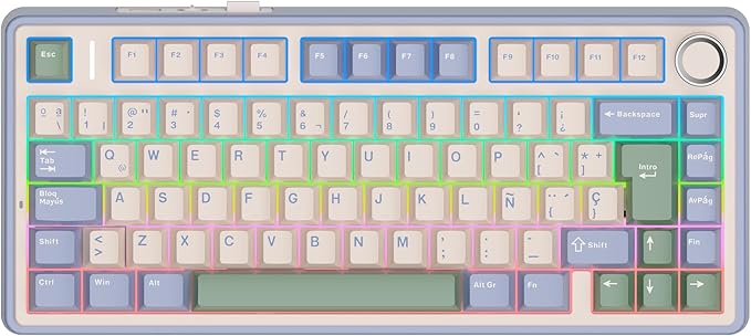EPOMAKER Aula F75 ISO-ES Wireless Mechanical Gaming Keyboard, 75% Spanish Layout with Knob, Creamy Gasket, Sound-Dampening, RGB, Hot-Swap, BT/2.4Ghz (Green)