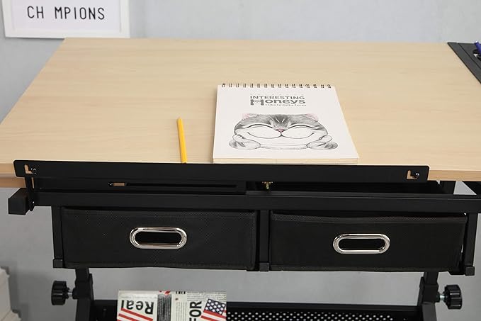 Miscoos Adjustable Drawing Drafting Table Desk with 2 Non-Woven Storage Drawers and Stool for Home Office and School, Wood, Ameican White Oak, MDF + Metal
