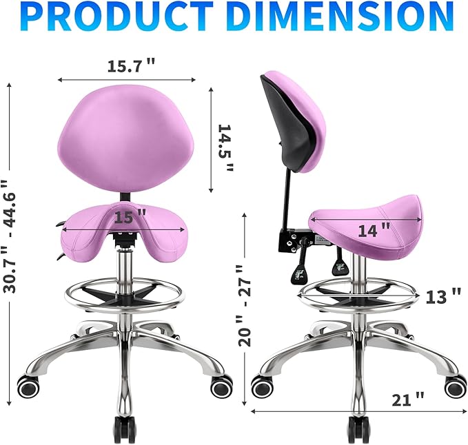 Saddle Chair with Back Support - Tilted Backrest, Adjustable Foot Rest, 350 LBS Capacity Ergonomic, 360° Swivel Drafting Chair for Salon, Spa, Massage, Tattoo, Facial lash, Home,（Macaron Purple）