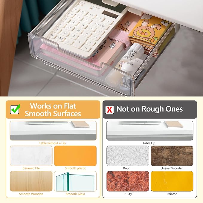 2 Pack Under Desk Storage Drawers Self-Adhesive Easy Hidden Desktop Organizer, Attachable Clear Acrylic Storage Tray Under Table Drawer for Home Office School Counters Workstation