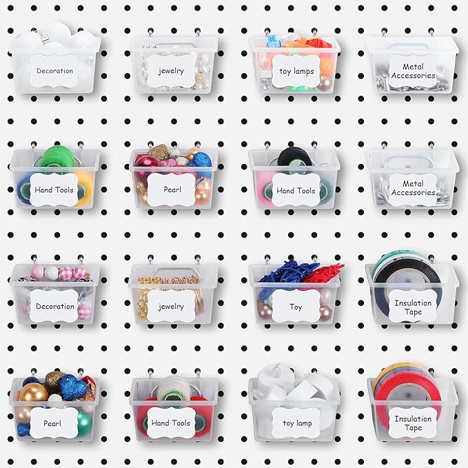 Unittype 16 Set Clear Peg Board Baskets and Bins Pegboard Baskets Organizer Accessories Peg Board Bins with Hooks Sticker Label and Pen for Office Wall Teacher Craft Supplies Garage Tool Storage