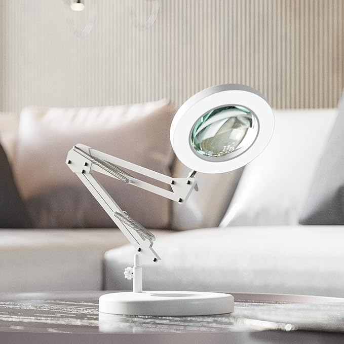 HITTI 10X Magnifying Glass with Light, 1,800 Lumens Stepless Dimmable, 3 Color Modes, 4.2″ Real Glass Lens LED Magnifying Desk Lamp & Clamp, Magnifier Light and Stand for Crafts Close Work-White