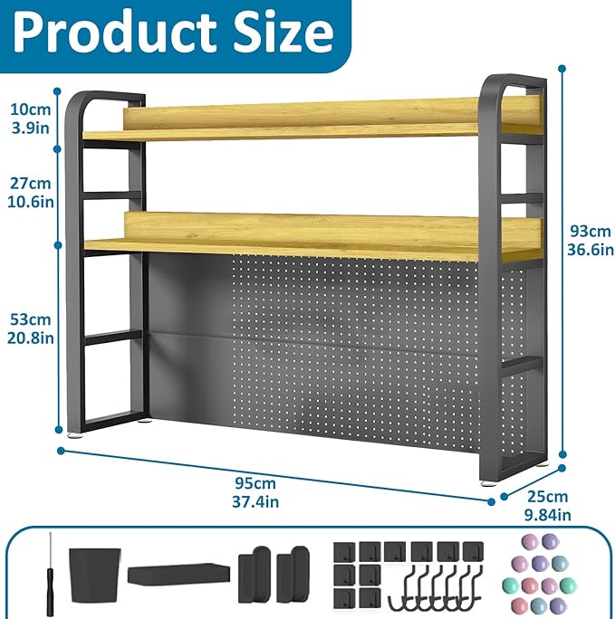 Desktop Hutch Bookshelf with Pegboard,Desk Organizer Shelf Bookcase, Countertop Storage Organizer Rack for Dorm Office Home Dormitory (Black, 95CM/37.4IN)