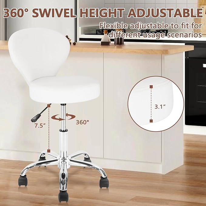 KLASIKA Set of 4 PVC Faux Leather Rolling Swivel Salon Stool Chair with Low Back Support Adjustable Hydraulic Seat Height 22 IN Diameter 15 IN for Office Massage Facial Spa Medical Tattoo White 4 Pack