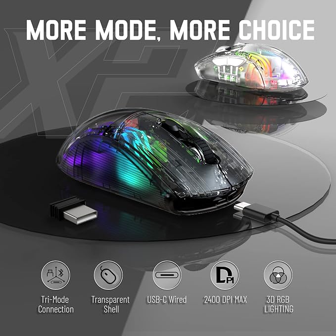 Wireless Gaming Mouse PC Transparent Shell Computer Mice with Dual Mode BT5.0/2.4G,PixArt Chip 3D RGB Lighting,Ergonomic 7 Buttons,Rechargeable Mute Mouse for PC Laptop Tablet PS4 PS5 Xbox one
