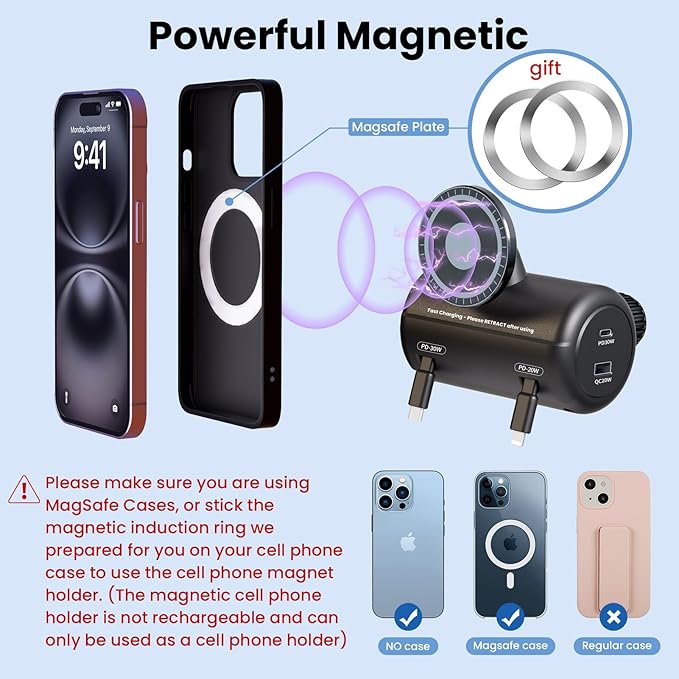 OHLPRO Backseat Retractable Car Charger Station, 6-in-1 Charging Box with Car Headrest Magnetic Mount Holder, 2-Port PD 20W/QC 20W Cigarette Lighter Adapter Fit for All Phones,Uber,Lyft,Taxi,Rideshare