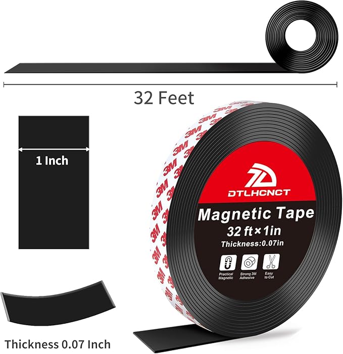DTLHCNCT Magnetic Tape - 32 ft x 1 inch Magnet Strip Tape Roll with Strong Adhesive Backing for Kitchen, Office, School Organization, Whiteboards,Fridge(0.07" Thick) 2 Pack