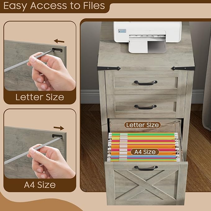 Vabches Vertical File Cabinet with 3 Drawers, Wooden Farmhouse Filing Cabinet for Letter/A4 Size Hanging Files, Under Desk Printer Stand with Storage for Home Office, Grey
