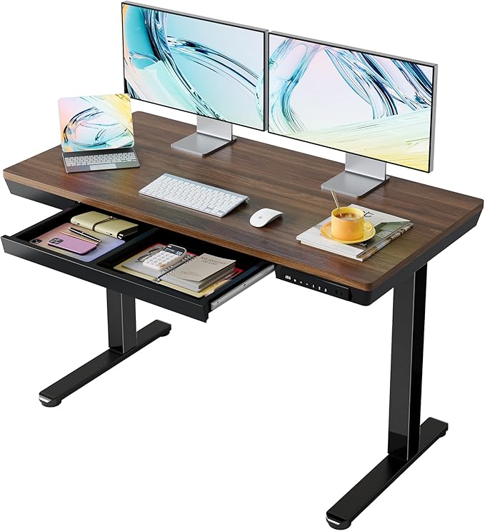 HUANUO Electric Standing Desk with Drawers, 48 x 24 Inch Electric Adjustable Height Desk, Quick Install One-Piece Tabletop with USB Charging Ports, Sit to Stand Up Desk for Home Office, Black Walnut