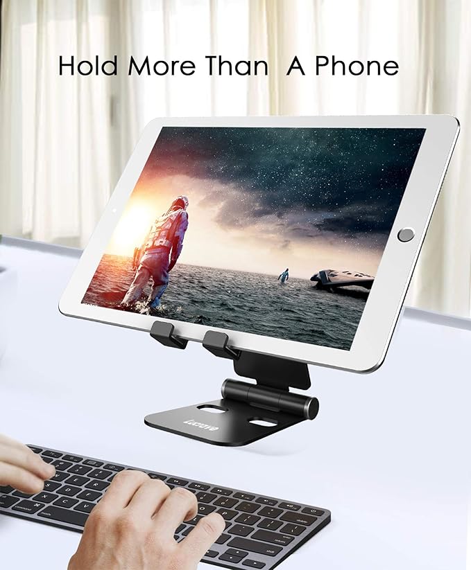 Cell Phone Stand, Updated Adjustable Desktop Phone Holder Cradle,Fully Foldable, Thick Case Friendly, Portable Aluminum Compatible with All Mobile Phones, Switch, Tablets(4-10in)-Black