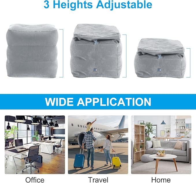 PATIKIL Travel Foot Rest Pillow, Inflatable Foot Rest Mat Adjustable 3 Layers Height Sleep Flights Leg Rest Pillow for Airplane Train Office, Gray