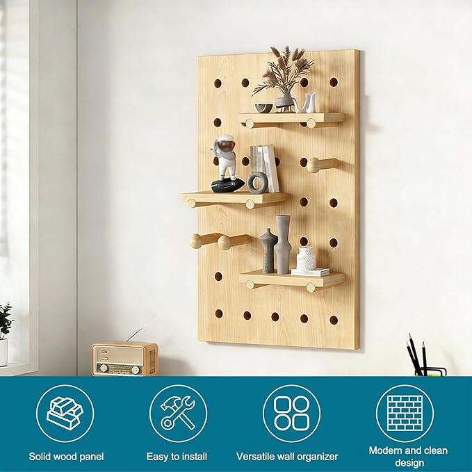 HJZALMI Pegboard Wall Organizer, Wood Pegboard Combination Kit with Shelves & Hooks, Modular Peg Board Panels Storage System for Office Organization Kitchen Bedroom, 15.7"x23.6"x0.6", Beige