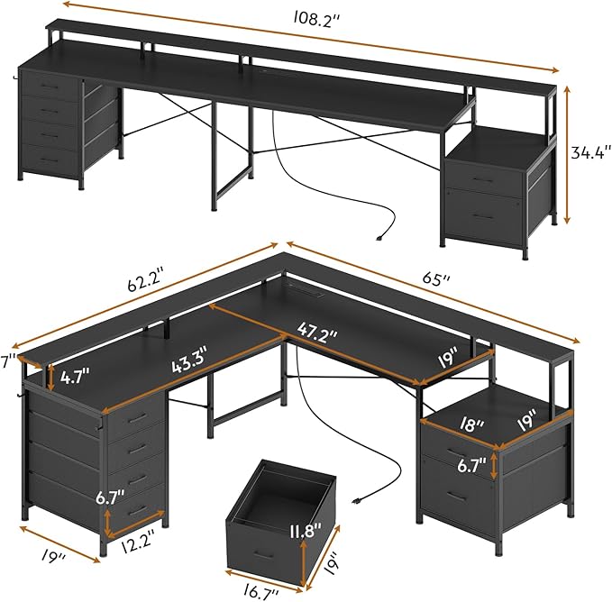 SEDETA L Shaped Desk with 6 Drawer, 108" Home Office Desk with File Drawer & Power Outlet, Corner Computer Desk with Monitor Shelf, File Cabinet, Two Person Desk, Gaming Desk with Led Lights, Black