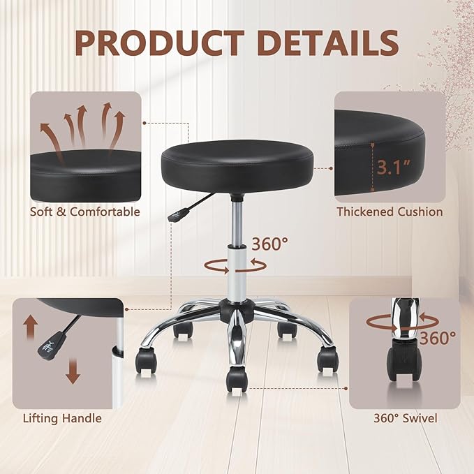KLASIKA Round Rolling Stool with Wheels Adjustable Height Swivel Multi-Purpose Heavy Duty Wide Seat Drafting Stool for Office Laboratory Salon Massage Spa Medical Doctor Clinic Tattoo Beauty Nail