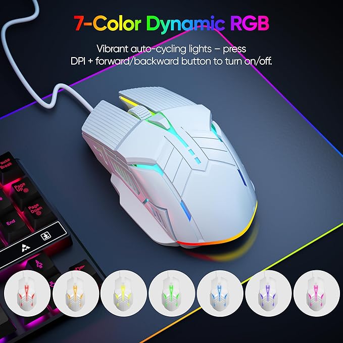 MELOGAGA Wired Gaming Mouse - Lightweight USB Optical Computer Mice with 7-Color RGB LED Lights, 4 Adjustable DPI (1200-3200), 6 Buttons, Ergonomic Design for Windows 7/8/10/XP/Vista & Linux (White)