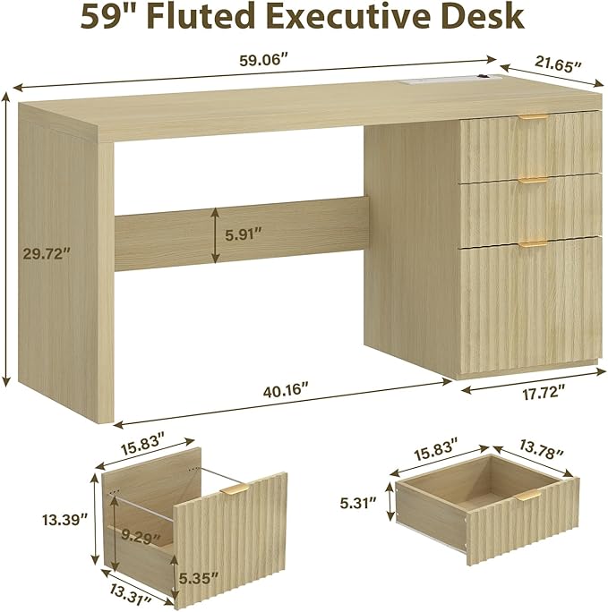 60" Fluted Executive Desk with Ample File Drawer & Large Charging Station, Wood Modern Home Office Desk with Storage, Computer Writing Desk for Work, Living Room, Bedroom, Durable & Sturdy, Natural