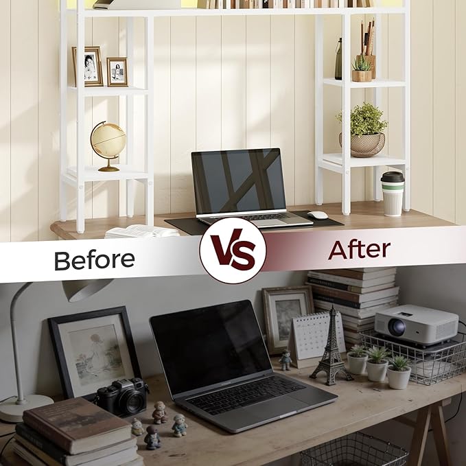 MAHANCRIS Desk Shelf, 43.3" Desk Hutch with Light Strip, Office Desktop Organizer, 5 Tier Desktop Bookshelf for Computer Monitor, Storage Rack for Study, Home Office, White DSWT9801