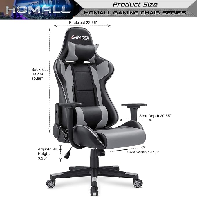 Homall Gaming Chair, Office Chair High Back Computer Chair Leather Desk Chair Racing Executive Ergonomic Adjustable Swivel Task Chair with Headrest and Lumbar Support (Grey)
