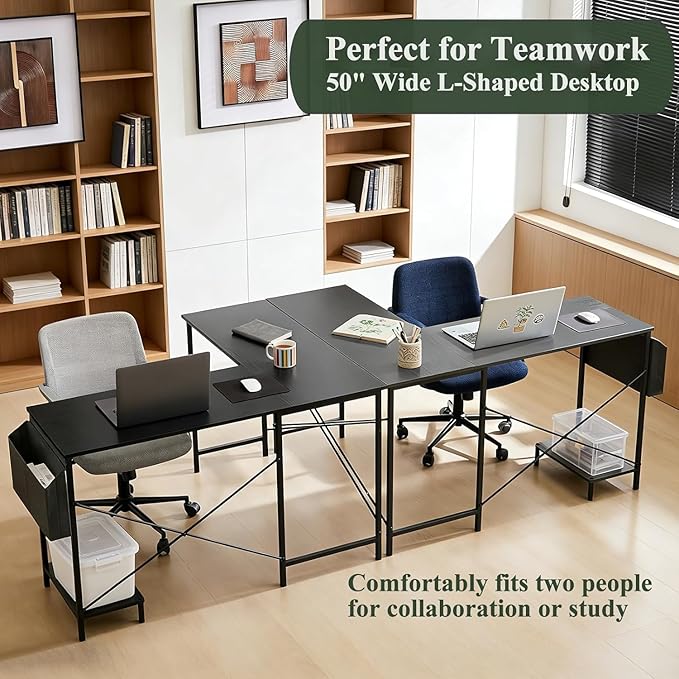 L Shaped Desk, 50 Inch Reversible Computer Desk Corner Gaming Table with CPU Stand & Storage Bag, Sturdy Metal Frame PC Workstation for Home Office, Black Wood