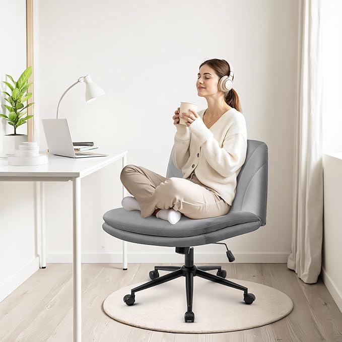 Orange Factory Criss Cross Chair with Wheels Comfy Wide Vanity Desk Chair Dual Base Leather Armless Adjustable Swivel for Home Computer Task (Grey Pu, Faux Leather)