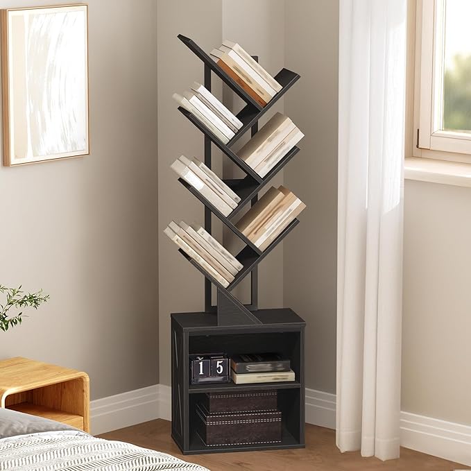 RALGEND Tree Bookshelf, 6 Tier Bookcase with 2 Storage Racks, Free Standing Wooden Bookcase, Floor Standing Book Shelf Organizer for Living Room, Bedroom, Study, Home Office, Black