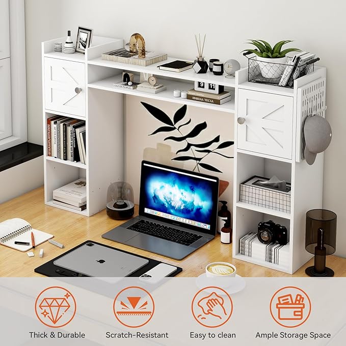ELECWISH Desktop Bookshelf, Desk Hutch with Drawer for Computer Desk, 35.3" 8-Tier Adjustable Desktop Shelf Organizer with Pegboard for Home Office, Oak
