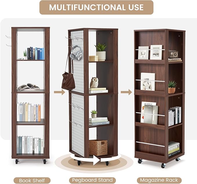 Home Office Furniture Set 4, 47 Inch Writing Desk with Hutch and Bookshelf, 3 Drawer File Cabinet with Printer Stand, Wide Bookshelf with Door, 5-Tier Rotating Bookshelf Tower with Display Shelf