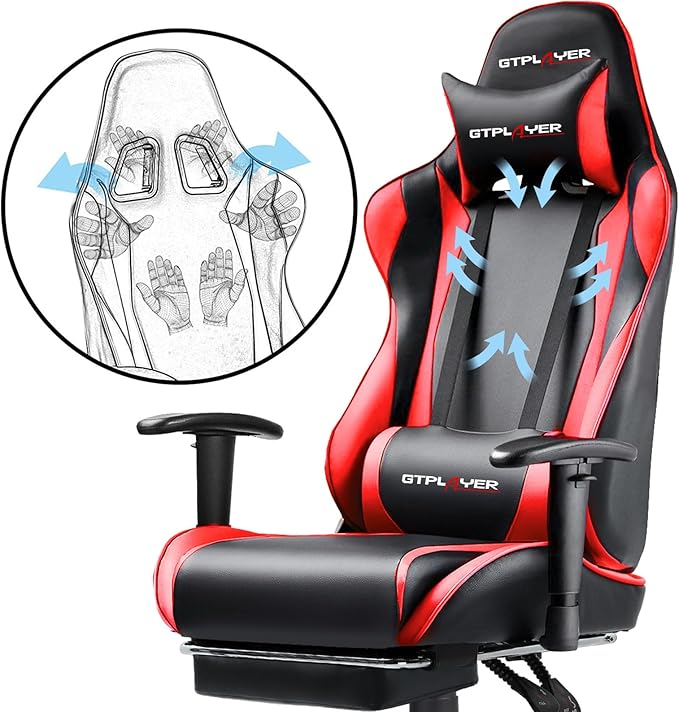 GTPLAYER Gaming Chair with Footrest, Ergonomic Computer Game Desk Chair, Reclining Game Chair Seat Height Adjustment, Swivel Rocker with Headrest and Lumbar (Red)