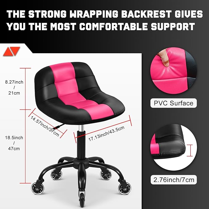 Rolling Shop Stool with Wheels, Rolling Stool with Back Support, 360° Swive Garage Chair, Height Adjustable Chair 330lb Heavy Duty for Spa Salon Massage Home Office Tattoo (Pink)