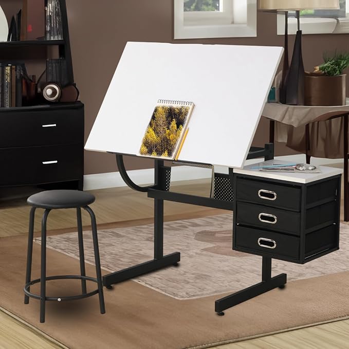 Drafting Table, Tilting Tabletop Artist Desk w/3 Storage Drawers & Stool, Craft Drawing Table for Painting, Sketching, Home Office, Art Studio, Classrooms (White+Black)