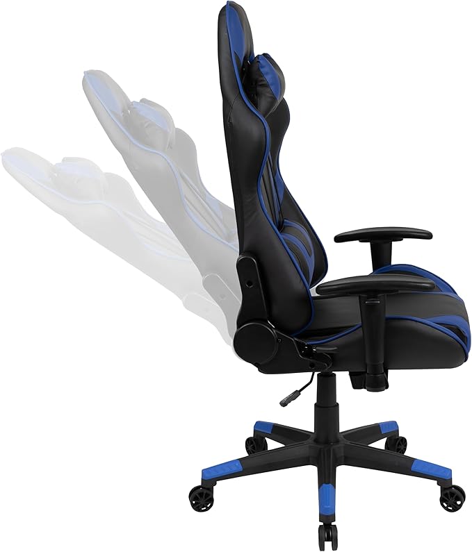 BizChair Red Gaming Desk and Blue Reclining Gaming Chair Set with Cup Holder and Headphone Hook