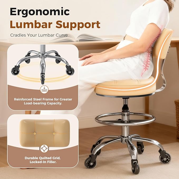 Office Drafting Chair with Footrest, Tall Height Adjustable Stool with Back Support, Heavy Duty Rolling Stool Chair with Wheels for Office Home Kitchen Bar Shop Guitar Studio Medical Vanity(White)