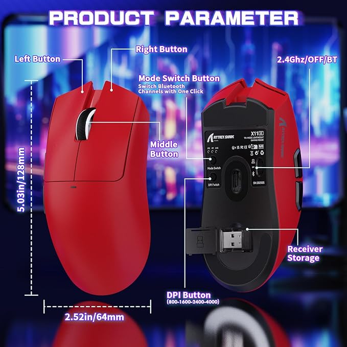 ATTACK SHARK X11SE Ultra-Light Wireless Gaming Mouse,Tri-Modes BT5.2/Type-C Wired/2.4G,PixArt PAW3311 Gaming Sensor,22KDPI,5 Programmable Buttons for Laptop,PC,Mac Gamer(Red)