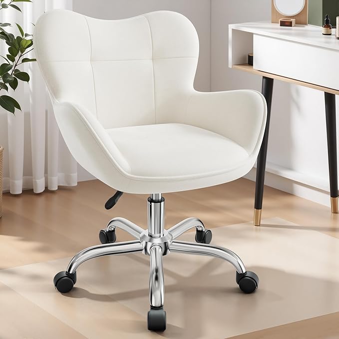 Vanity Chair with Wheels, Cute Home Office Desk Chairs Adjustable Height for Living Bedroom, Small Modern Fluffy Velvet Makeup Chair with Back for Girls (White)