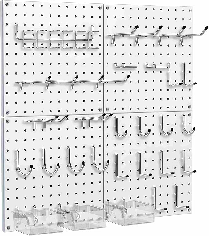 Peg Board, 68PCS Heavy Duty Metal Pegboard with Hooks, 4 Pack White Peg Board Panels, 50lbs Load Capacity Each, Pegboard Wall Organizer for Garage, Workshop, Craft Rooms Total 24” x 24”