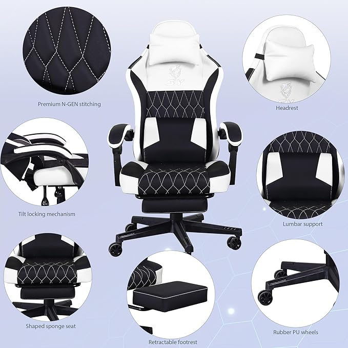 Gaming Chair,Video Game Chair with Footrest and Massage Lumbar Support, Ergonomic Computer Chair Height Adjustable with Swivel Seat and Headrest