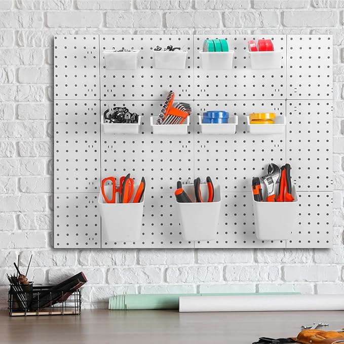 Uiifan 18 Set Pegboard Bins Kit Plastic Pegboard Cups with Metal Hooks Wall Containers Organizer Accessories with Label Stickers for DIY Tools Craft Office Workshop Garage Storage(White)