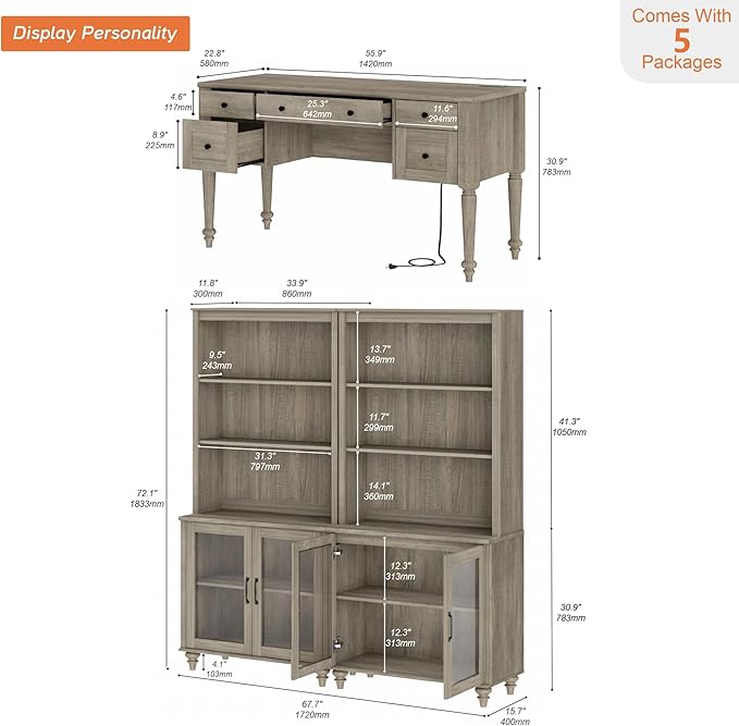 WAMPAT Home Office Furniture Set, 56'' Executive Desk with Charging Station, 72" Tall Bookcase with 4 Glass Doors, Wood Computer Desk with File Cabinet Storage, Open Shelf, Wash Grey